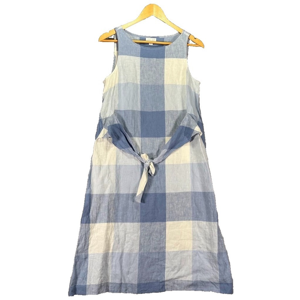 J. Jill Love Linen Dress Gingham Plaid A-Line Blue White Tie Waist Small Petite